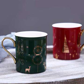 WAVEYU Cute Christmas Coffee Mug with Golden Handle - 10 OZ