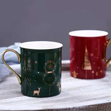 WAVEYU Cute Christmas Coffee Mug with Golden Handle - 10 OZ