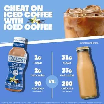 Quest Nutrition Iced Coffee, Vanilla Latte, 1g Sugar, 10g Protein, 90 Calories, 200mg Caffeine, 12 C...