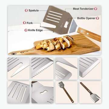 FlipFork Boss - 5 in 1 Grill Spatula with Knife, Fork, Bottle Opener and Turner BBQ Tools. All in One Grill Accessories Set for Outdoor Grills. 18 inch Grilling Accessories BBQ Set