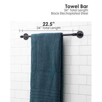 Pipe Décor 5624BK Industrial and Rustic 24" Towel Bar Complete Set Electroplated Black Finish