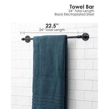 Pipe Décor 5624BK Industrial and Rustic 24" Towel Bar Complete Set Electroplated Black Finish