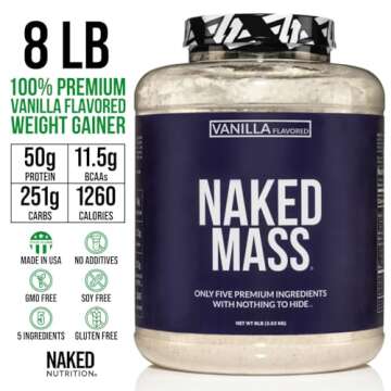 Naked Vanilla Naked Mass - All Natural Vanilla Weight Gainer Protein Powder - 8lb Bulk, GMO Free, Gluten Free & Soy Free, No Artificial Ingredients - 1,260 Calories - 11 Servings