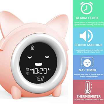 Wisoee Kids Alarm Clock, Toddlers Sleep Training Clock with Night Light, Sound Machine, Nap Timer, D...