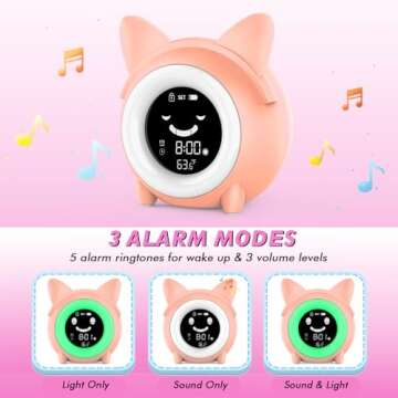 Wisoee Kids Alarm Clock, Toddlers Sleep Training Clock with Night Light, Sound Machine, Nap Timer, Digital Clock for Boys Girls Bedrooms, Cute Kids Room Decor