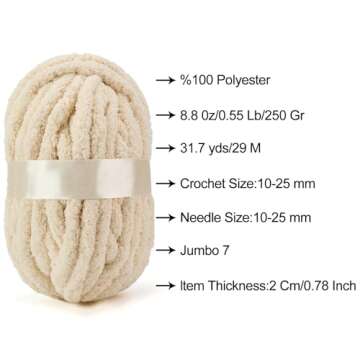ERLYEEN Chenille Chunky Yarn Super Bulky Soft Thick Fluffy Jumbo Giant Washable Polyester Big Yarn DIY for Arm Knit Blanket Cushion Bed Sofa Home Decor,Beige,0.55LB