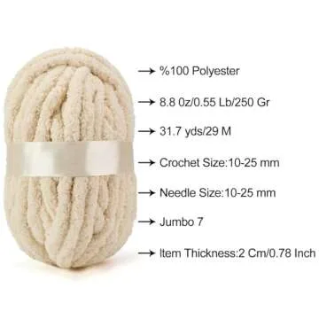 ERLYEEN Chenille Chunky Yarn Super Bulky Soft Thick Fluffy Jumbo Giant Washable Polyester Big Yarn DIY for Arm Knit Blanket Cushion Bed Sofa Home Decor,Beige,0.55LB