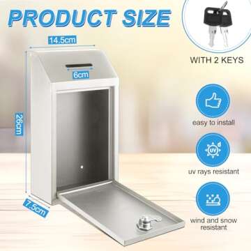 Yaocom Metal Donation Cash Box Collection Safe Suggestion Box with Lock Wall Mounted Mailbox Deliver...