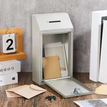 Yaocom Metal Donation Cash Box Collection Safe Suggestion Box with Lock Wall Mounted Mailbox Delivery Ballot Container for Home Office Outdoor Door