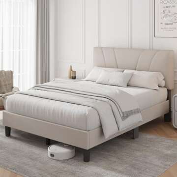 Novilla Queen Bed Frame with Headboard, Linen Upholstered Bed Frame Queen Size with Wood Slats Support, No Box Spring Needed, Heavy Duty Feet, Easy Assembly, Beige
