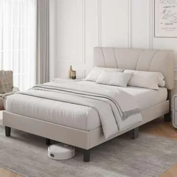 Novilla Queen Bed Frame with Headboard, Linen Upholstered Bed Frame Queen Size with Wood Slats Support, No Box Spring Needed, Heavy Duty Feet, Easy Assembly, Beige