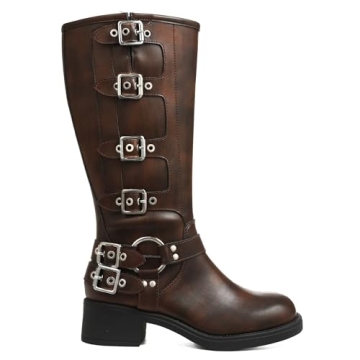 AMINUGAL Brown Knee High Boots: Vintage Buckle & Wide Calf Design