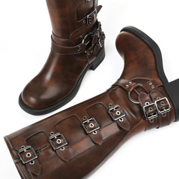 AMINUGAL Vintage Buckle Knee High Boots Wide Calf