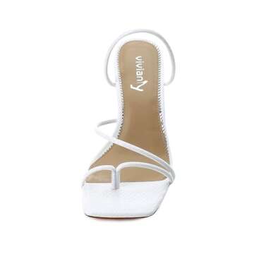 vivianly Women's Thong Heels Sandals Square Open Toe Strappy Heeled Sandal Slip on High Heel Summer Dress Wedding Shoes White Size 8.5
