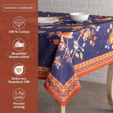 Maison d' Hermine 100% Cotton Table Cover - 60"x108" Rectangle Decorative Tablecloth - Washable Tabl...