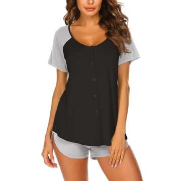 Ekouaer Women's Pajamas Sets Short Sleeve Lounge Sets Sleepwear Soft Two Piece Pjs With Pockets Blac...