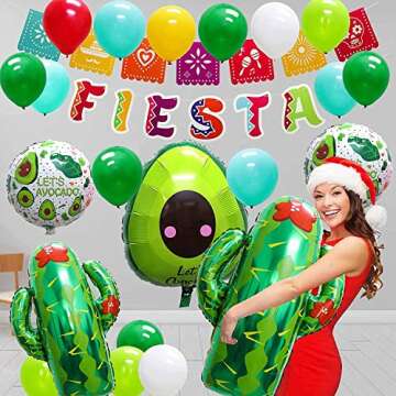 Fiesta Mexican Foil Balloons Party Decorations - 9PCS Mexico Taco Llama Cactus Avocado Foil Balloon Birthday Mexican Fiesta Theme Birthday Luau Party Decoration