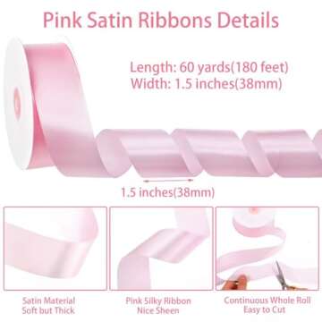 Pink Ribbon 60 Yards 1 1/2 Inch Light Pink Satin Ribbon for Bows Making Flower Bouquet Wedding Easte...