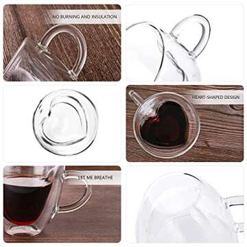 CNGLASS Double Wall Heart Shaped Glass Coffee Mugs 8.5oz,Insulated Clear Tea Cups with Handle,Unique...