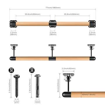 Dolibest Space Saver, 6 ft Ballet Barre, Wall Mounted Traditional Wood Ballet Barre System Stretch/Dance for Home Barre Workout Equipment, Height Adjustable, for Kids and Adults