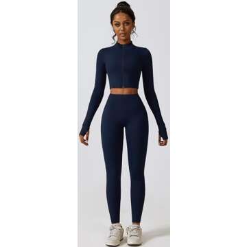 3 Piece Workout Sets for Women with Strappy Sports Bras High Waist Leggings Crop Top Jacket Gym Yoga Outfit S Navy Blue