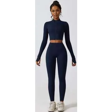 3 Piece Workout Sets for Women with Strappy Sports Bras High Waist Leggings Crop Top Jacket Gym Yoga Outfit S Navy Blue