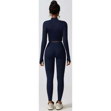3 Piece Workout Sets for Women with Strappy Sports Bras High Waist Leggings Crop Top Jacket Gym Yoga Outfit S Navy Blue