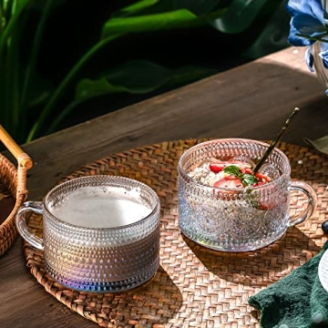 Gezzeny Vintage Glass Coffee Mugs 14 Oz Set of 2 Iridescent Embossed, Tea Cups,Glass Coffee Cups for Cappuccino, Latte,Cereal, Yogurt, Beverage Christmas Thanksgiving Day Gifts