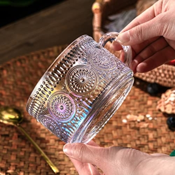 Gezzeny Vintage Glass Coffee Mugs 14 Oz Set of 2 Iridescent Embossed, Tea Cups,Glass Coffee Cups for Cappuccino, Latte,Cereal, Yogurt, Beverage Christmas Thanksgiving Day Gifts