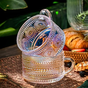 Gezzeny Vintage Glass Coffee Mugs 14 Oz Set of 2 Iridescent Embossed, Tea Cups,Glass Coffee Cups for Cappuccino, Latte,Cereal, Yogurt, Beverage Christmas Thanksgiving Day Gifts