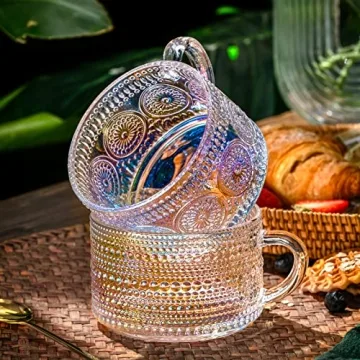 Gezzeny Vintage Glass Coffee Mugs 14 Oz Set of 2 Iridescent Embossed, Tea Cups,Glass Coffee Cups for Cappuccino, Latte,Cereal, Yogurt, Beverage Christmas Thanksgiving Day Gifts