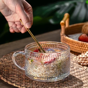 Gezzeny Vintage Glass Coffee Mugs 14 Oz Set of 2 Iridescent Embossed, Tea Cups,Glass Coffee Cups for Cappuccino, Latte,Cereal, Yogurt, Beverage Christmas Thanksgiving Day Gifts