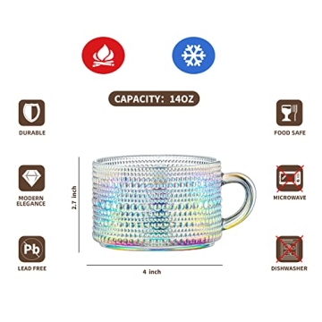 Gezzeny Vintage Glass Coffee Mugs 14 Oz Set of 2 Iridescent Embossed, Tea Cups,Glass Coffee Cups for Cappuccino, Latte,Cereal, Yogurt, Beverage Christmas Thanksgiving Day Gifts