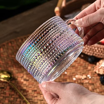 Gezzeny Vintage Glass Coffee Mugs 14 Oz Set of 2 Iridescent Embossed, Tea Cups,Glass Coffee Cups for Cappuccino, Latte,Cereal, Yogurt, Beverage Christmas Thanksgiving Day Gifts