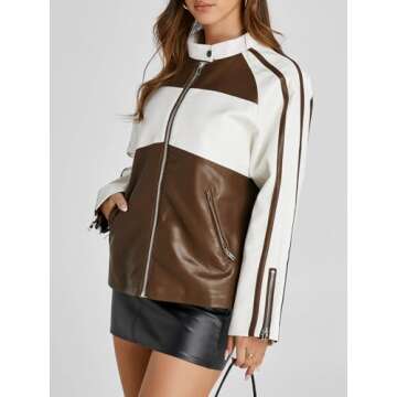 Tankaneo Womens Faux Leather Jackets Casual Oversized Zip Up Color Block Motorcycle Biker PU Coats