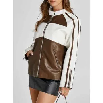 Tankaneo Womens Faux Leather Jackets Casual Oversized Zip Up Color Block Motorcycle Biker PU Coats