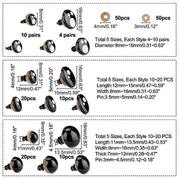 PH PandaHall 324pcs Safety Eyes, 15 Styles Kawaii Craft Eyes Round Plastic Craft Eyes Black Stuffed Eyes with Washers for Amigurumi, Puppet, Teddy Bear, Crochet, Plush Animal Making