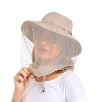 Mosquito Net Hat - Bug Cap UPF 50+ Sun Protection with Hidden Netting Outdoors for Women and Men Beige