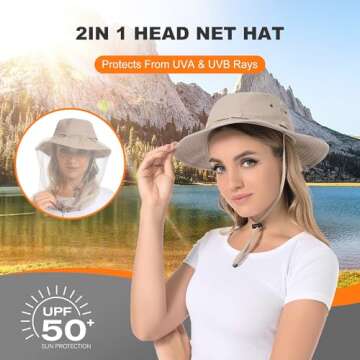 Mosquito Net Hat - Bug Cap UPF 50+ Sun Protection with Hidden Netting Outdoors for Women and Men Beige