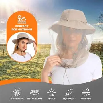 Mosquito Net Hat - Bug Cap UPF 50+ Sun Protection with Hidden Netting Outdoors for Women and Men Beige