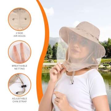 Mosquito Net Hat - Bug Cap UPF 50+ Sun Protection with Hidden Netting Outdoors for Women and Men Beige