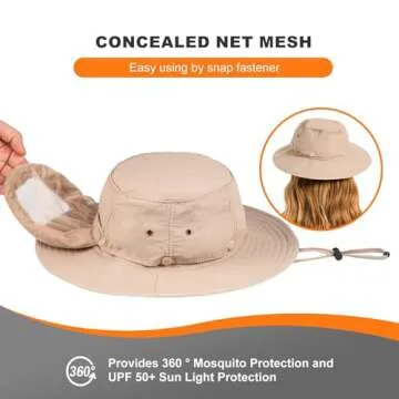Mosquito Net Hat - Bug Cap UPF 50+ Sun Protection with Hidden Netting Outdoors for Women and Men Beige