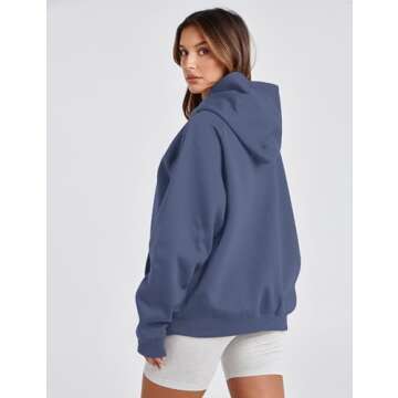Lauweion Women Solid Basic Fleece Letter Loose Hoodie Sweatshirt Long Sleeve Kangaroo Pocket Drop Shoulder Pullovers Top Dustyblue