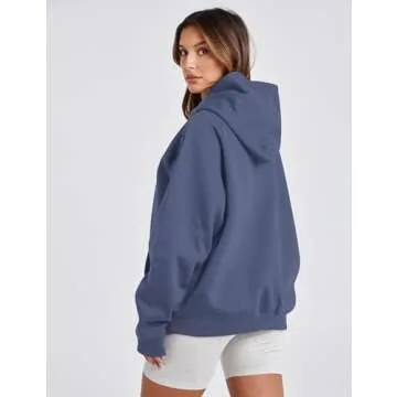 Lauweion Women Solid Basic Fleece Letter Loose Hoodie Sweatshirt Long Sleeve Kangaroo Pocket Drop Shoulder Pullovers Top Dustyblue