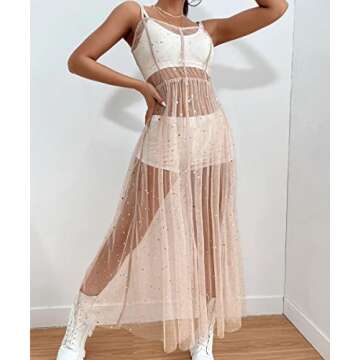 Sexy Women Mesh Dress Cover Up Sequin Star Split See-Thru Spaghetti Strap Long Dress Beach Cocktail Party Clubwear (M, Pink)