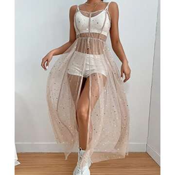 Sexy Women Mesh Dress Cover Up Sequin Star Split See-Thru Spaghetti Strap Long Dress Beach Cocktail Party Clubwear (M, Pink)