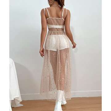 Sexy Women Mesh Dress Cover Up Sequin Star Split See-Thru Spaghetti Strap Long Dress Beach Cocktail Party Clubwear (M, Pink)