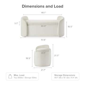 mopio Sophie 51" Ottoman Storage Bench, Entryway and Window Seating, End of Bed Curved Stool for King & Queen Bed, Storage Chest for Bedroom (Pearl White Boucle)