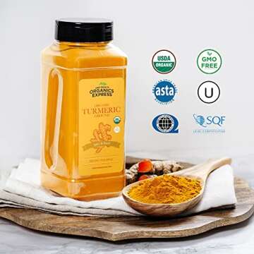 HQOExpress - USDA Certified Organic - Non GMO - Ground Turmeric Spice Powder Seasoning For Cooking -...