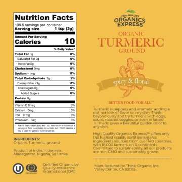 HQOExpress - USDA Certified Organic - Non GMO - Ground Turmeric Spice Powder Seasoning For Cooking - Sustainably Grown - Kosher - 21 oz. Chef Jar